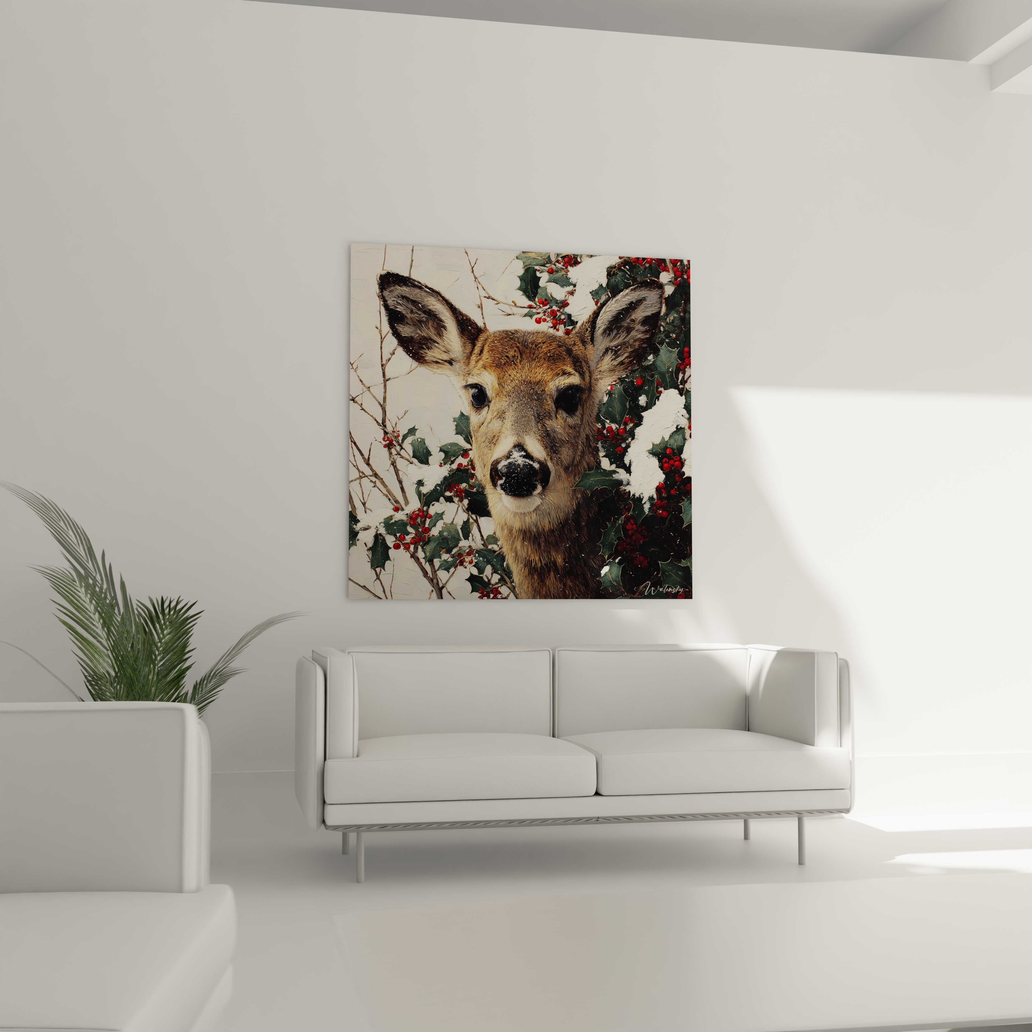 Tableau cerf Noël de Walensky avec un cerf mignon devant des baies rouges sur fond clair