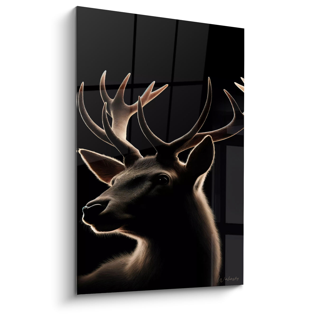 Cerf noir aux bois ivoire lumineux, portrait sur fond anthracite profond et texturé
