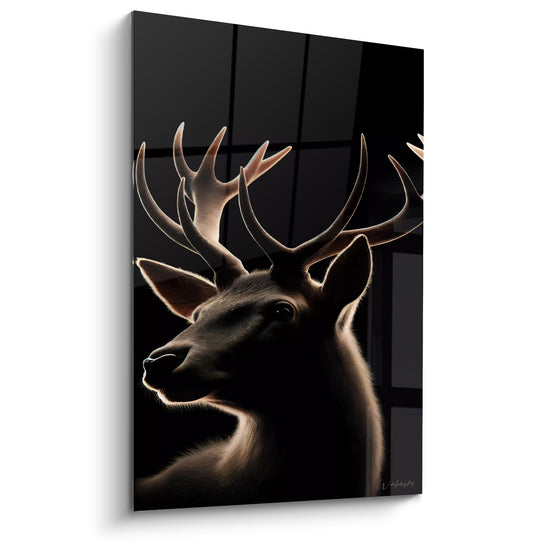 Tableau Cerf brun et noir aux bois contre jour - Fenêtre à croisillons - Edition Cerf