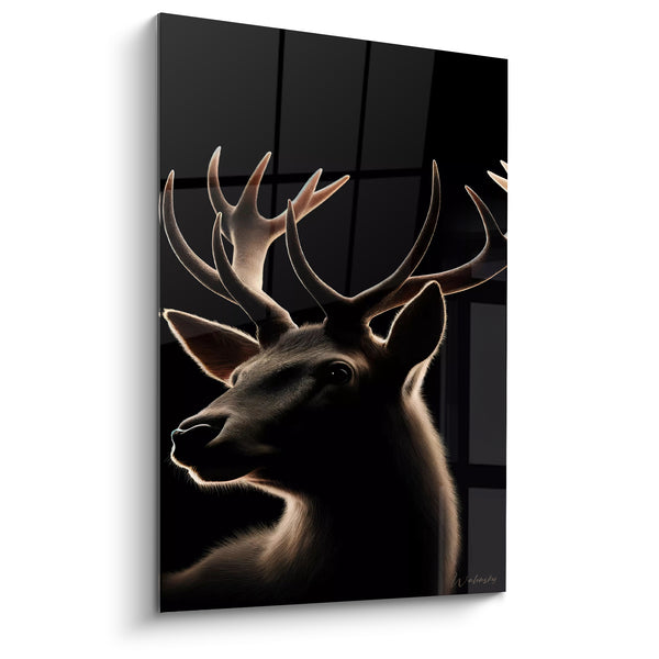 Tableau Cerf brun et noir aux bois contre jour - Fenêtre à croisillons - Edition Cerf