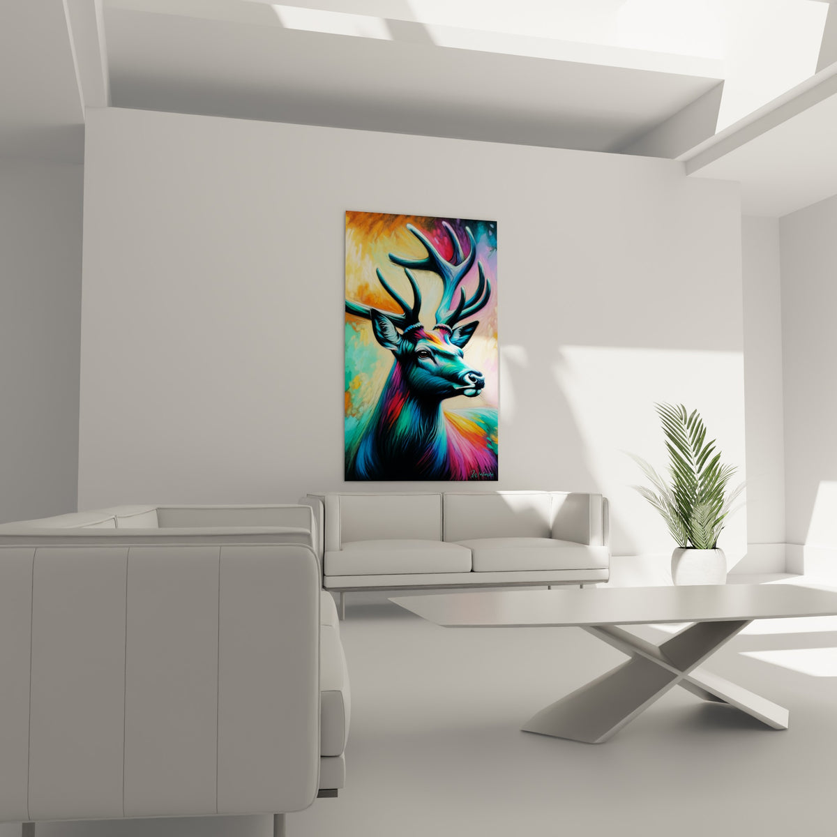 Museau détaillé et cou orangé du cerf coloré placés au-dessus d'un canapé dans un salon lumineux