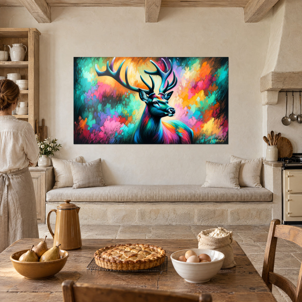 Wall art stag portrait, midnight blue antlers, magenta and sunshine yellow touches, facing a woman seen from behind near a rustic kitchen