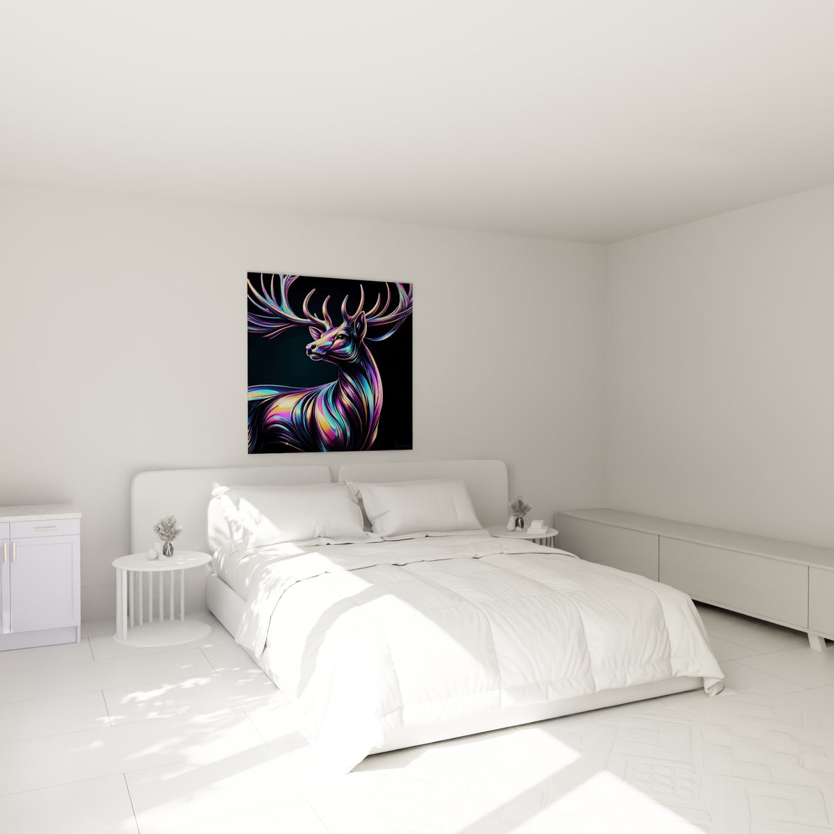 Ramures irisées d'un cerf doré et violet au-dessus d'un lit dans une chambre claire