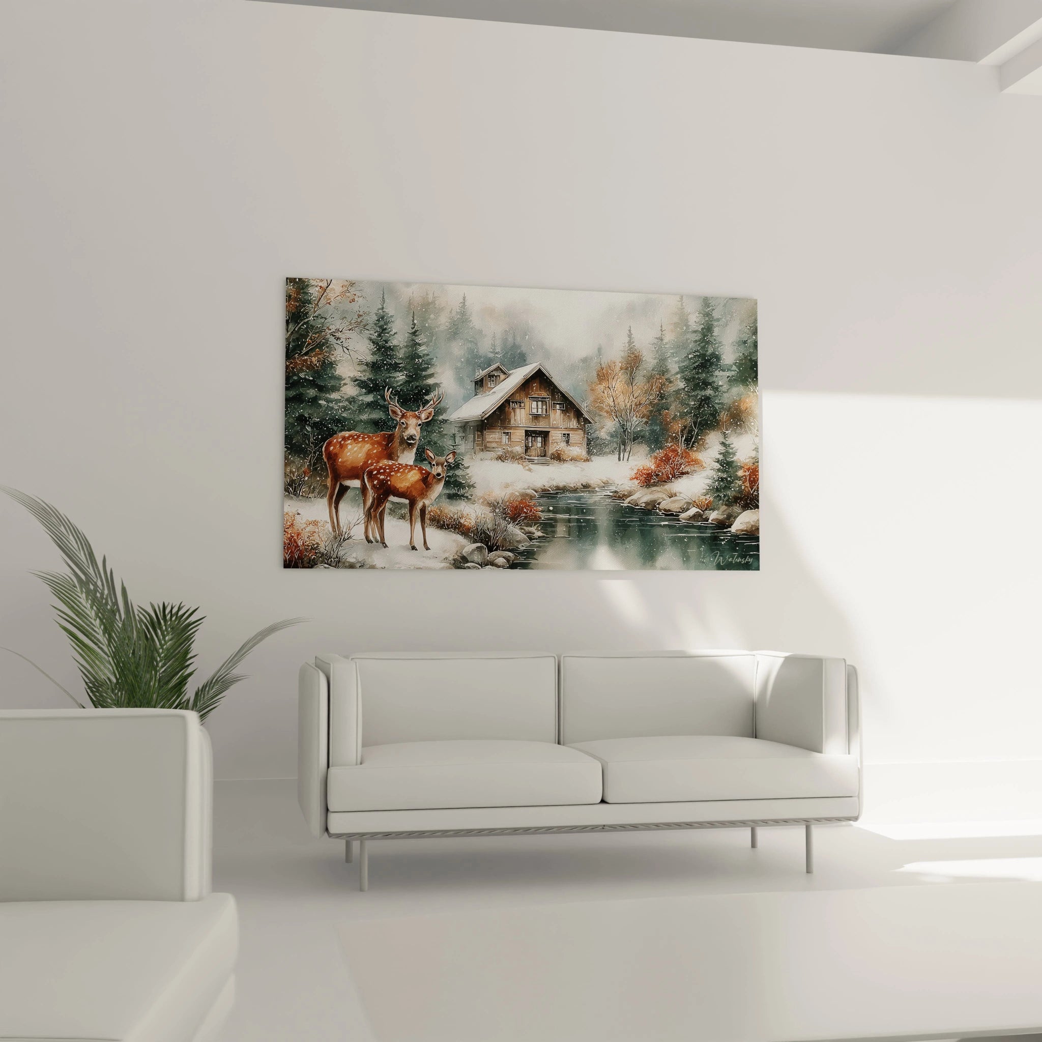 Walensky tableau cerf hiver mural representant une cabane en bois au bord du lac gele avec deux cerfs et sapins enneiges