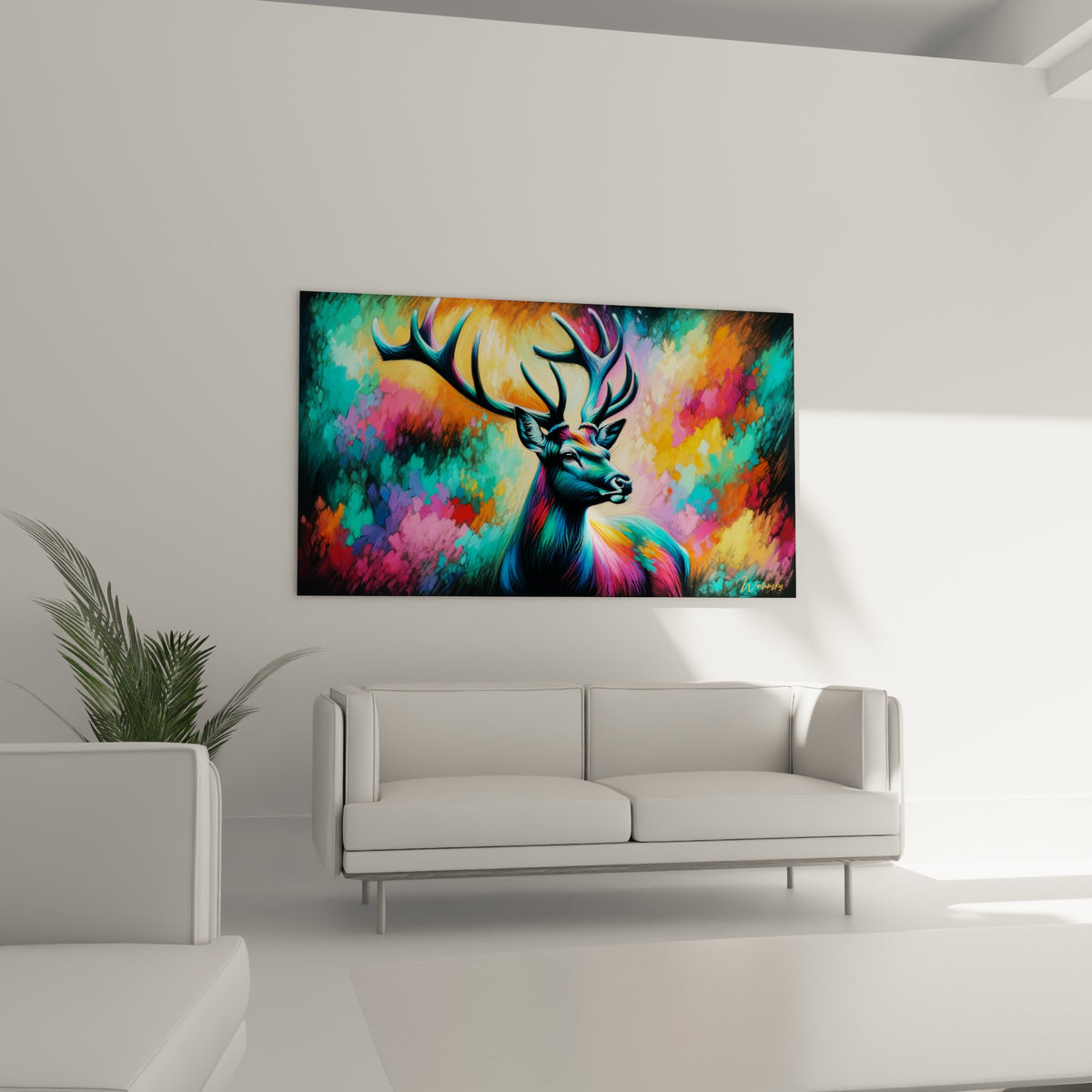 Regard intense du cerf coloré, teintes bleu et corail vibrantes, au-dessus d'un canapé dans un salon lumineux