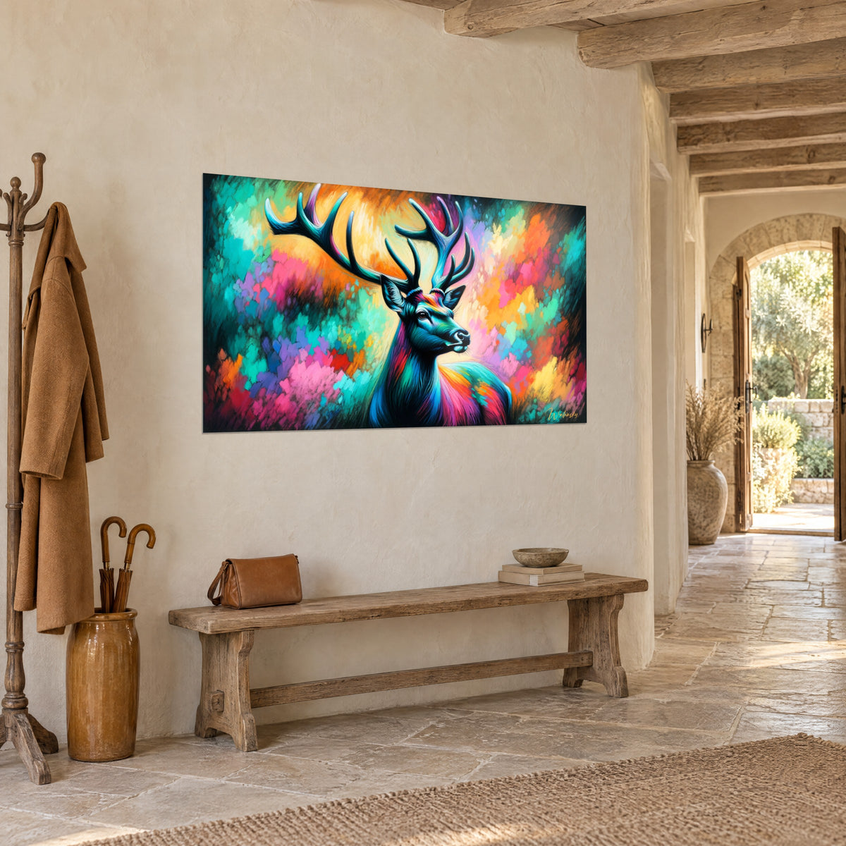 Wall art majestic animal with blue-green antlers, golden yellow and fuchsia background, seen three-quarters in a stone entrance hall