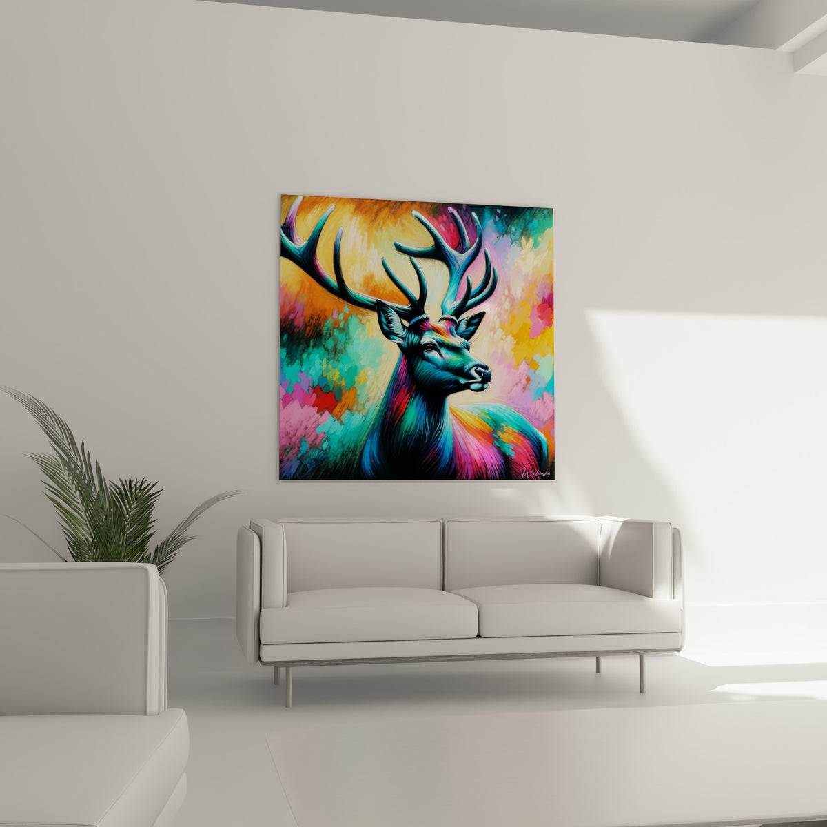 Regard sombre du cerf entouré de vert émeraude et de violet, au-dessus d'un canapé dans un salon lumineux