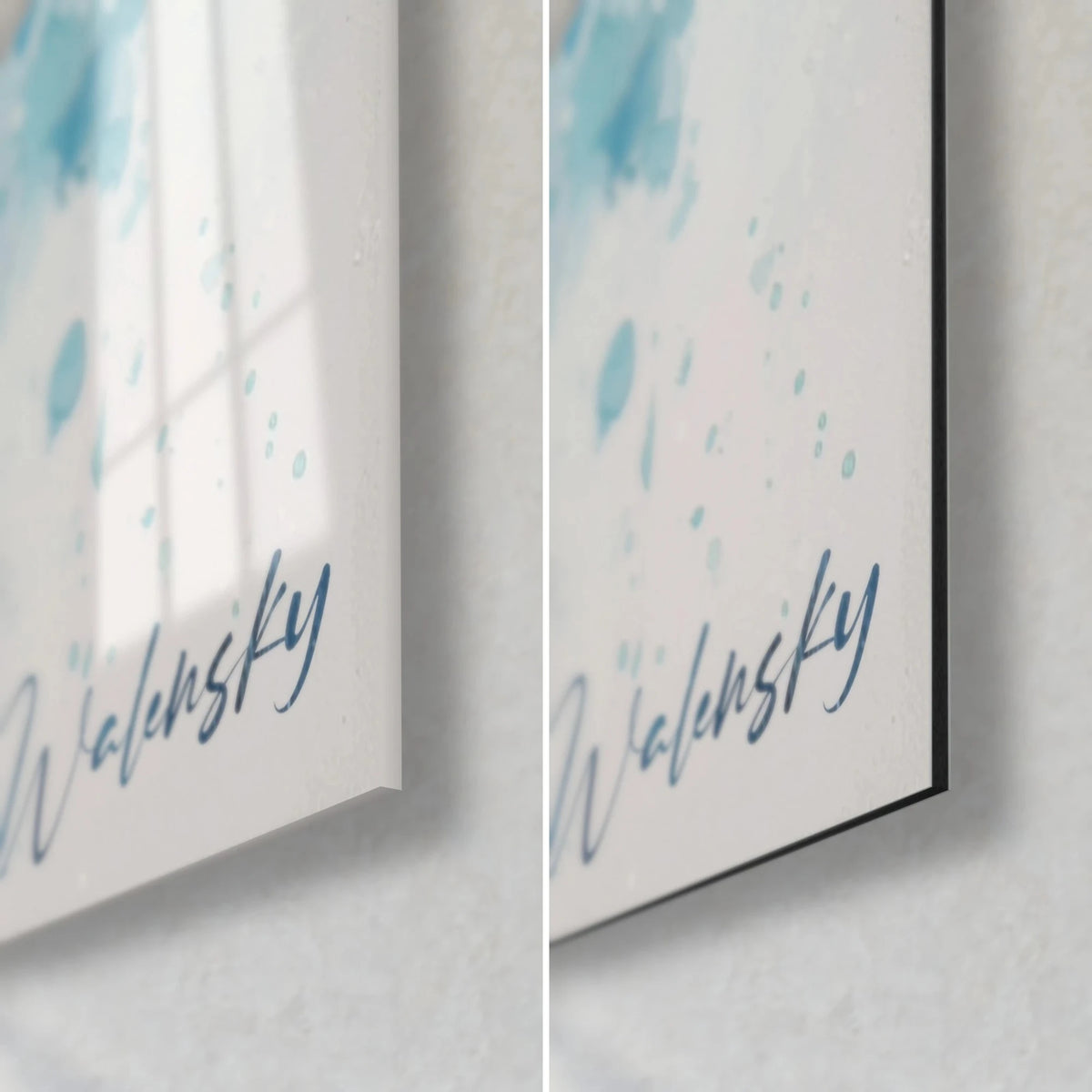 Wall art turquoise blue watercolour stag, Walensky signature bottom right, glossy glass and matte Dibond, 3 mm thick