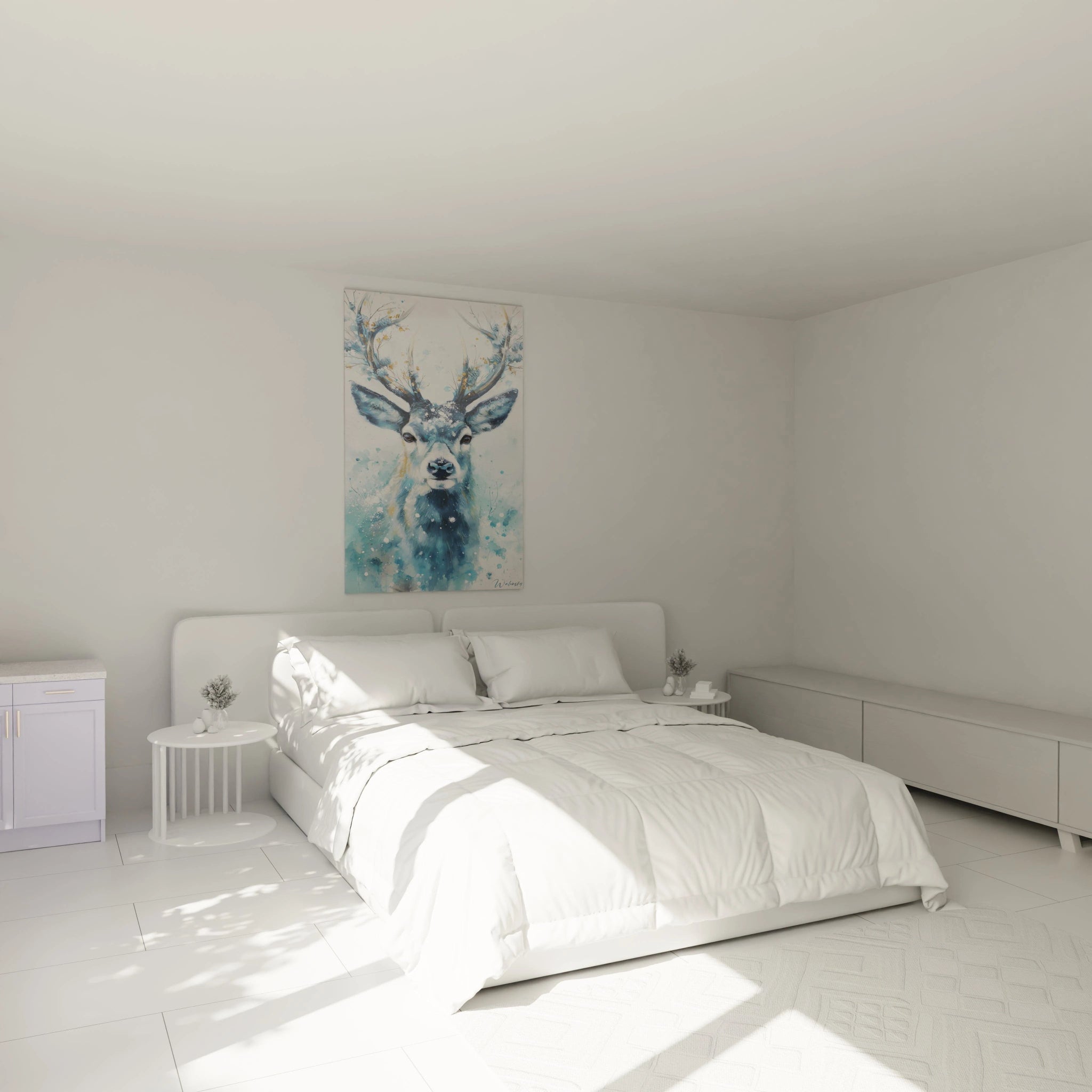 Tableau cerf décoration murale dans une chambre lumineuse avec lit et mobilier moderne