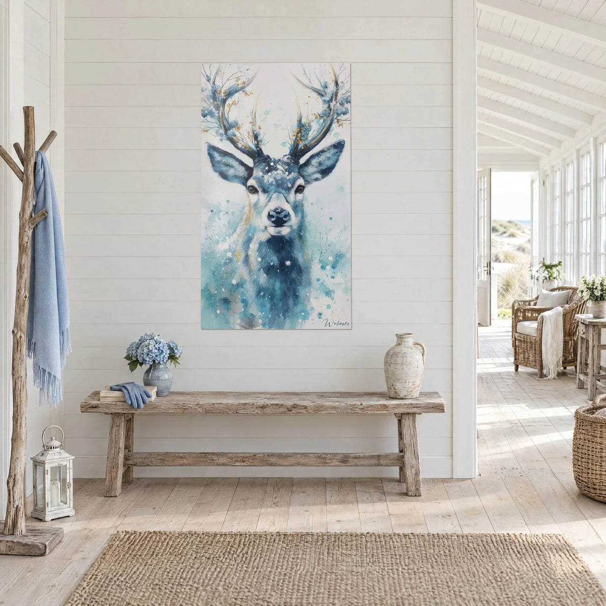 Wall art snowy forest king with a midnight blue muzzle and crystalline golden antlers, in a seaside house