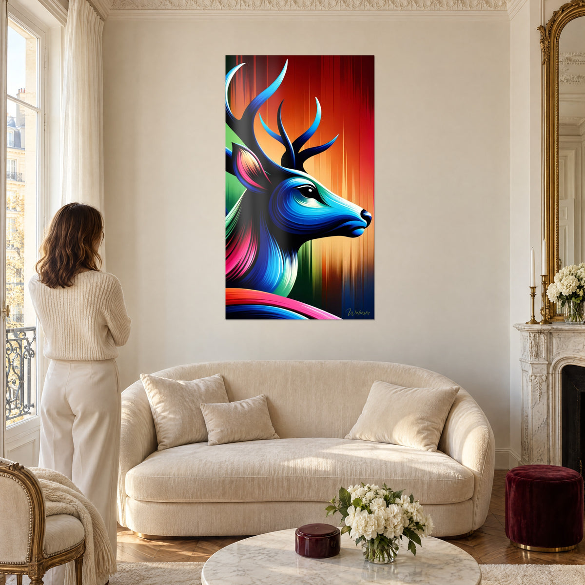 Tableau cerf stylisé aux bois bleu nuit sur fond orange et rouge, femme de dos, au-dessus d'un canapé dans un salon lumineux