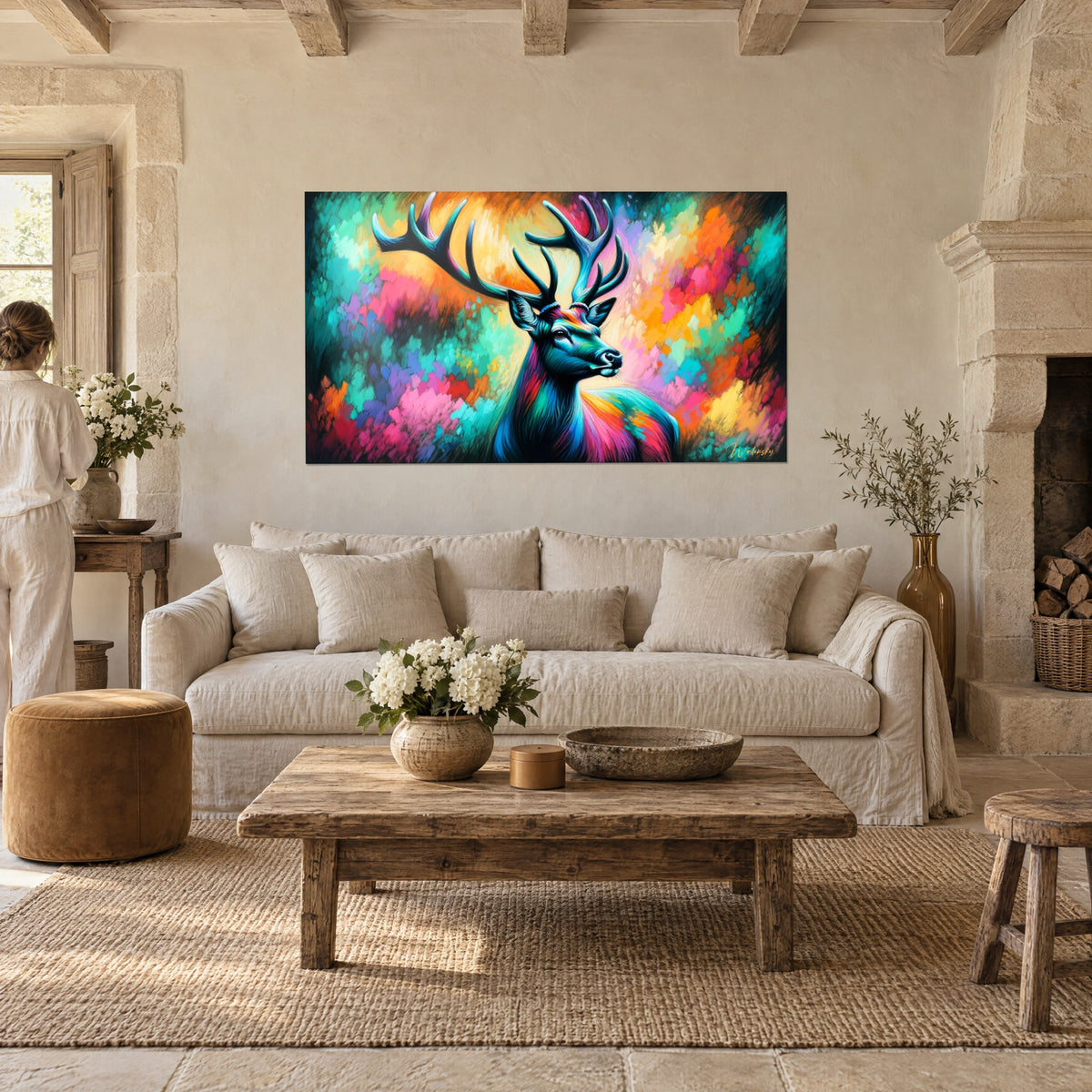 Wall art stag with turquoise antlers on a pink and orange brushstroke background, two people seen from behind, above a sofa in a bright living room