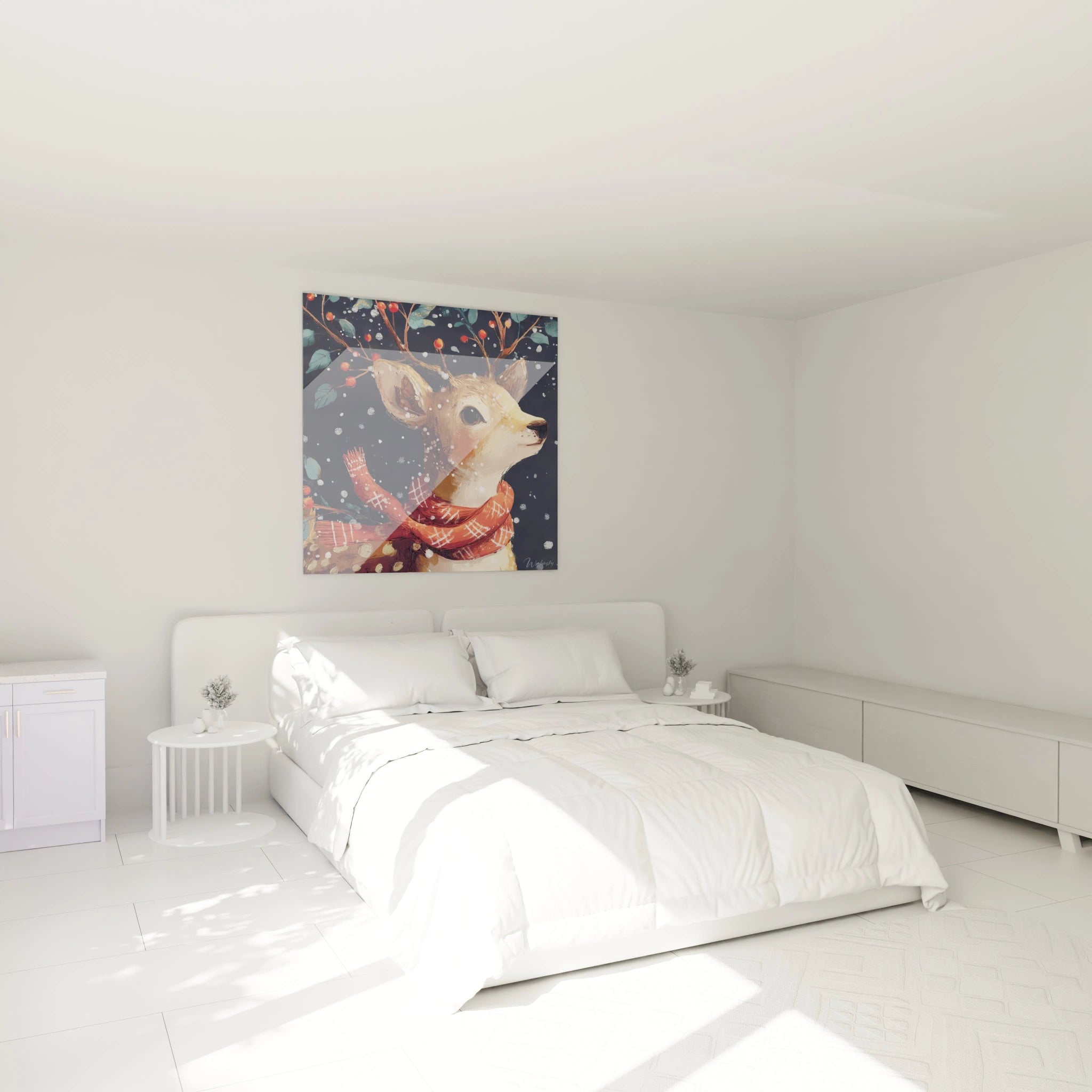 Tableau cerf de Noël au mur d'une chambre lumineuse avec lit blanc