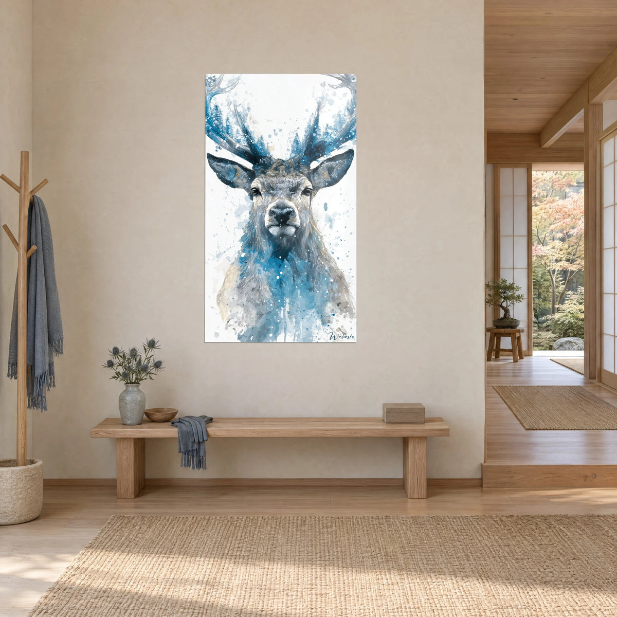 Obraz portret wapiti w akwareli, szary pysk, turkusowe plamy na białym tle, widok trzy czwarte, korytarz w stylu japandi