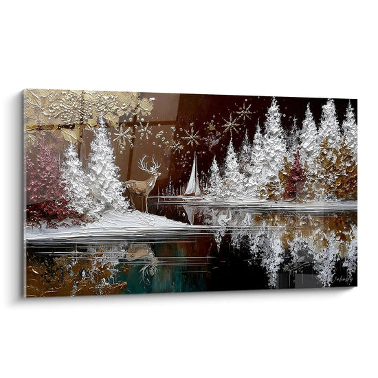 Hirsch Weihnachtsbild mit Winterlandschaft, verschneiten Bäumen und Wasserreflektion