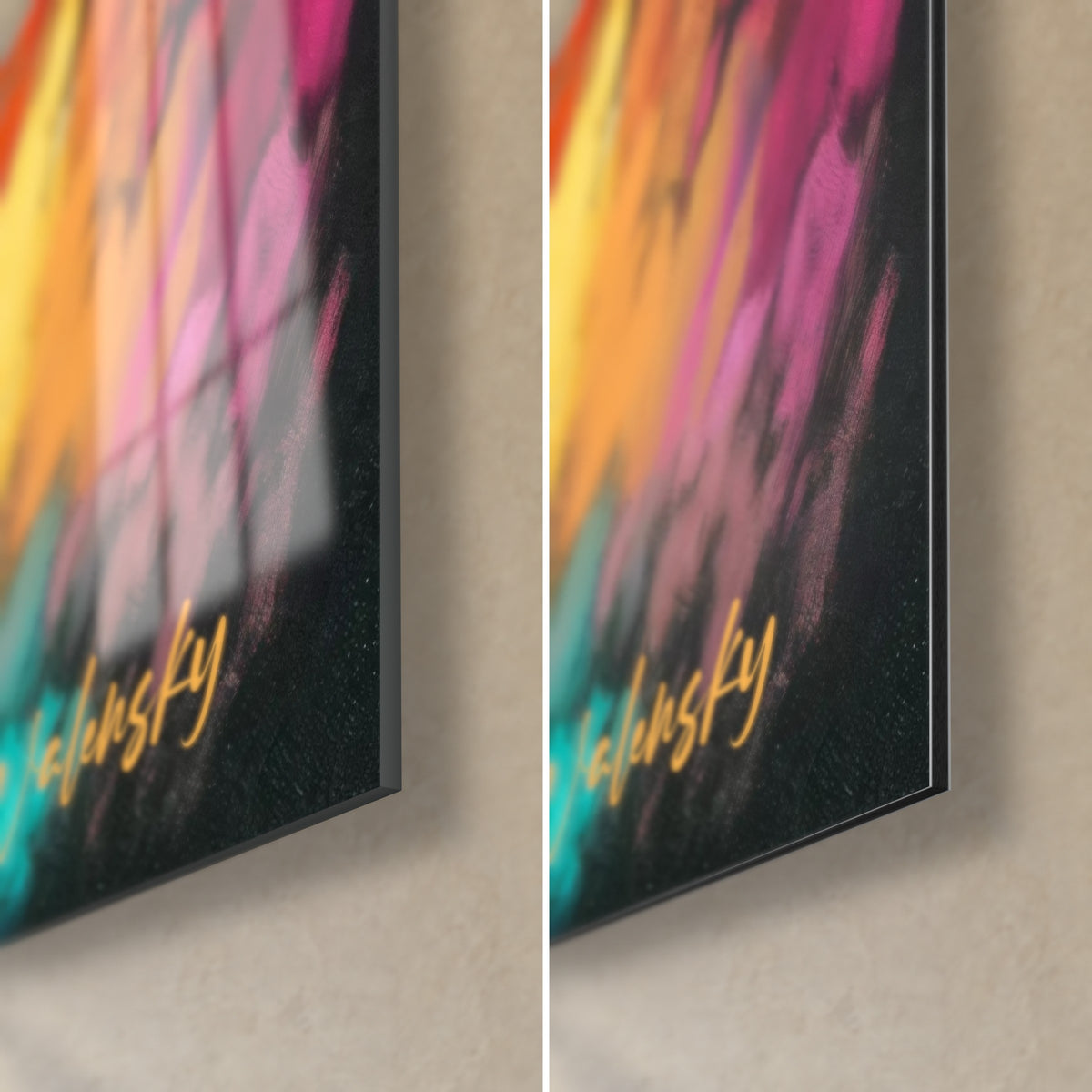 Wall art multicolored stag, bottom right corner: glossy glass with reflections on the left, matte black Dibond on the right, golden signature, 3 mm edge