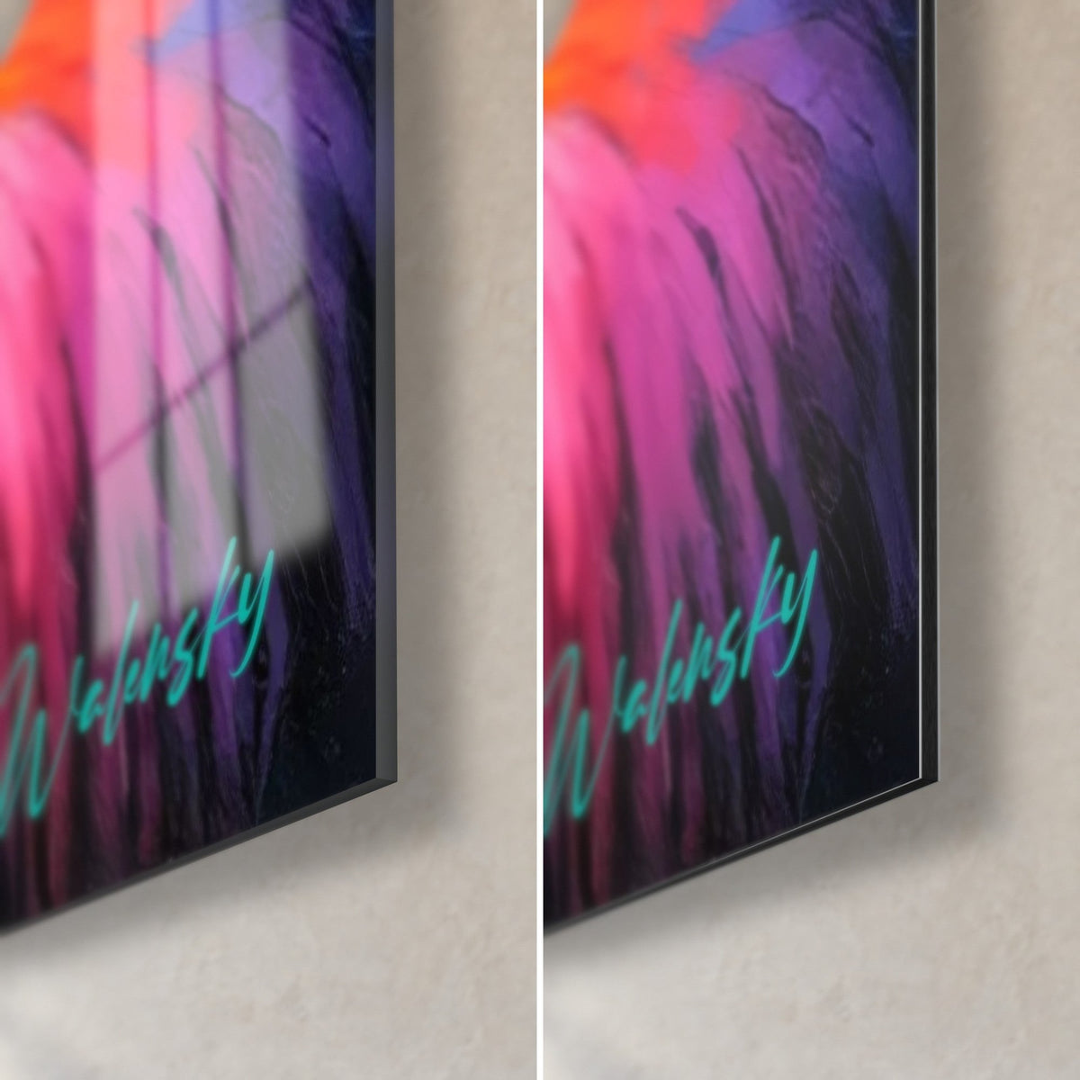 Gemälde mit psychedelischem Hirsch, nachtblaue Geweihe vor violett-rosa Hintergrund, untere rechte Ecke aus glänzendem Glas und mattem Dibond, 3 mm Stärke