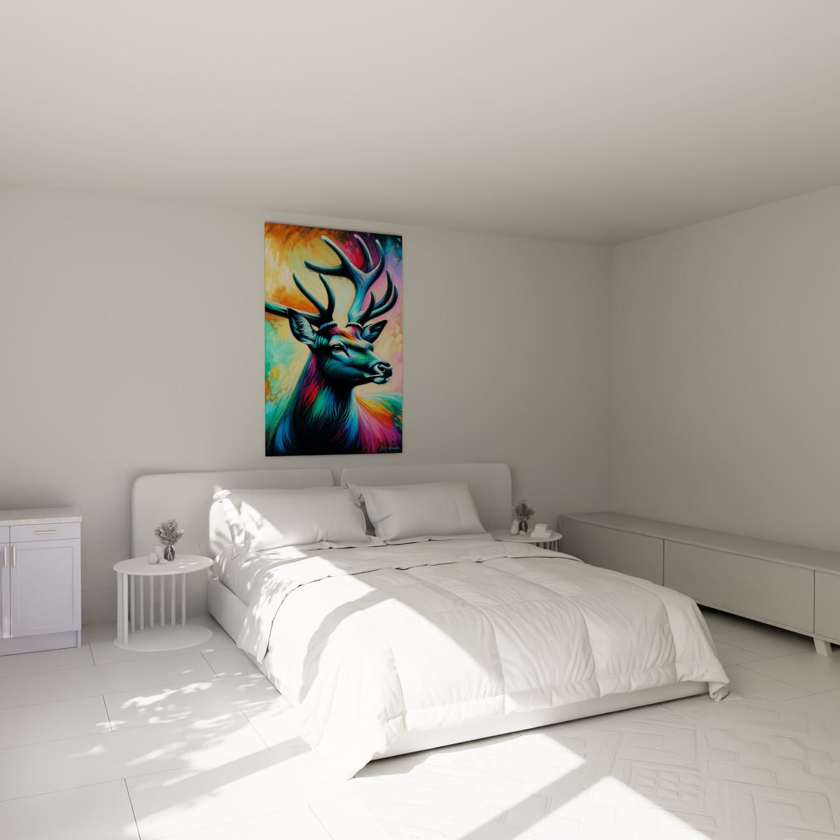 Ramure turquoise et pelage bleu électrique du cerf trônant au-dessus d'un lit dans une chambre claire