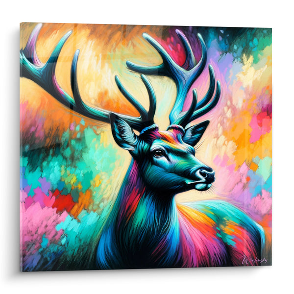 Tableau Cerf turquoise et rose aux bois majestueux - Éveil coloré - Edition Cerf