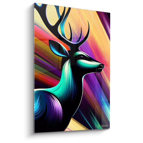 Tableau Cerf turquoise et violet aux rayons dorés - Aube électrique - Edition Cerf