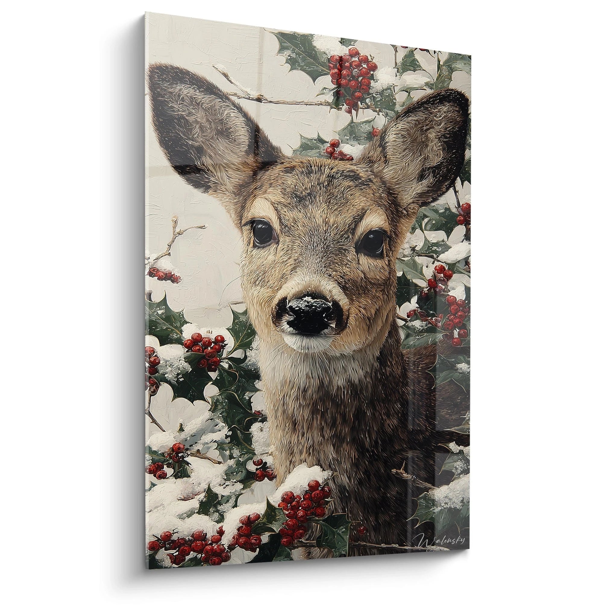 Tableau cerf de Noël avec fond de houx et d'hiver, parfait pour la décoration festive