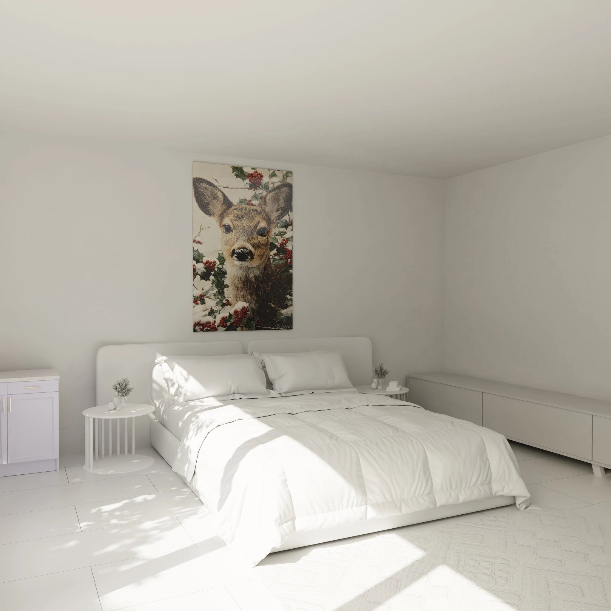 Tableau mural cerf de Noël de Walensky dans une chambre moderne et lumineuse