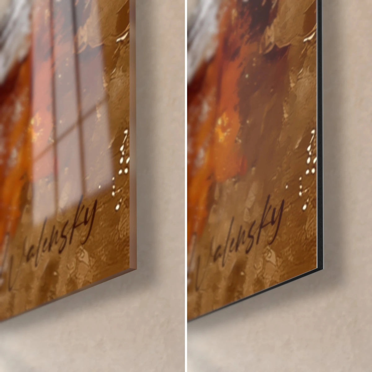 Schilderij van koperen en gouden herten, handtekening Walensky rechtsonder, glanzend acrylglas links, mat Dibond rechts, 3 mm rand