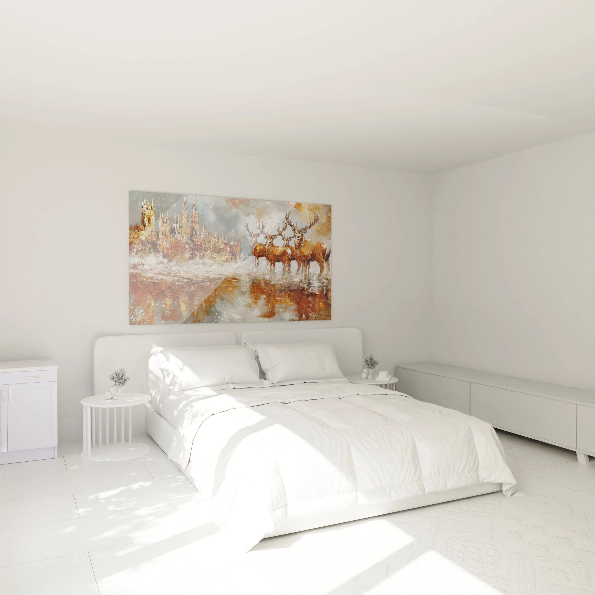 Tableau mural cerfs noble édition Noël décorant une chambre moderne avec éclairage doux