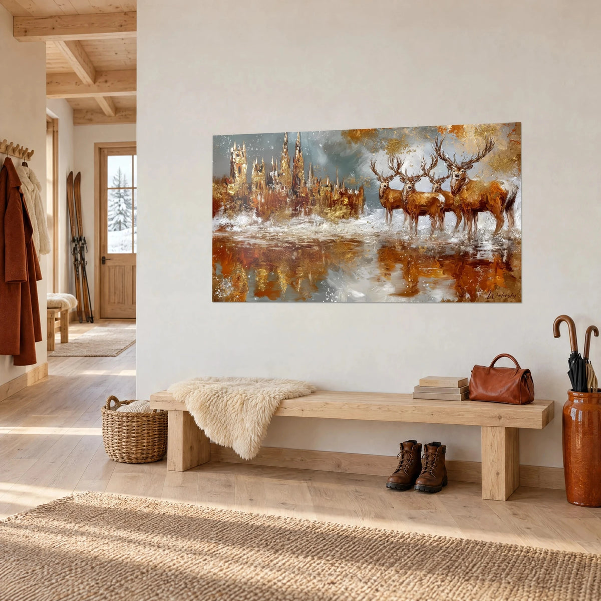 Schilderij van een kudde amberkleurige herten in bevroren water, gouden en roestige kasteeltorens, boven een lichte houten bank