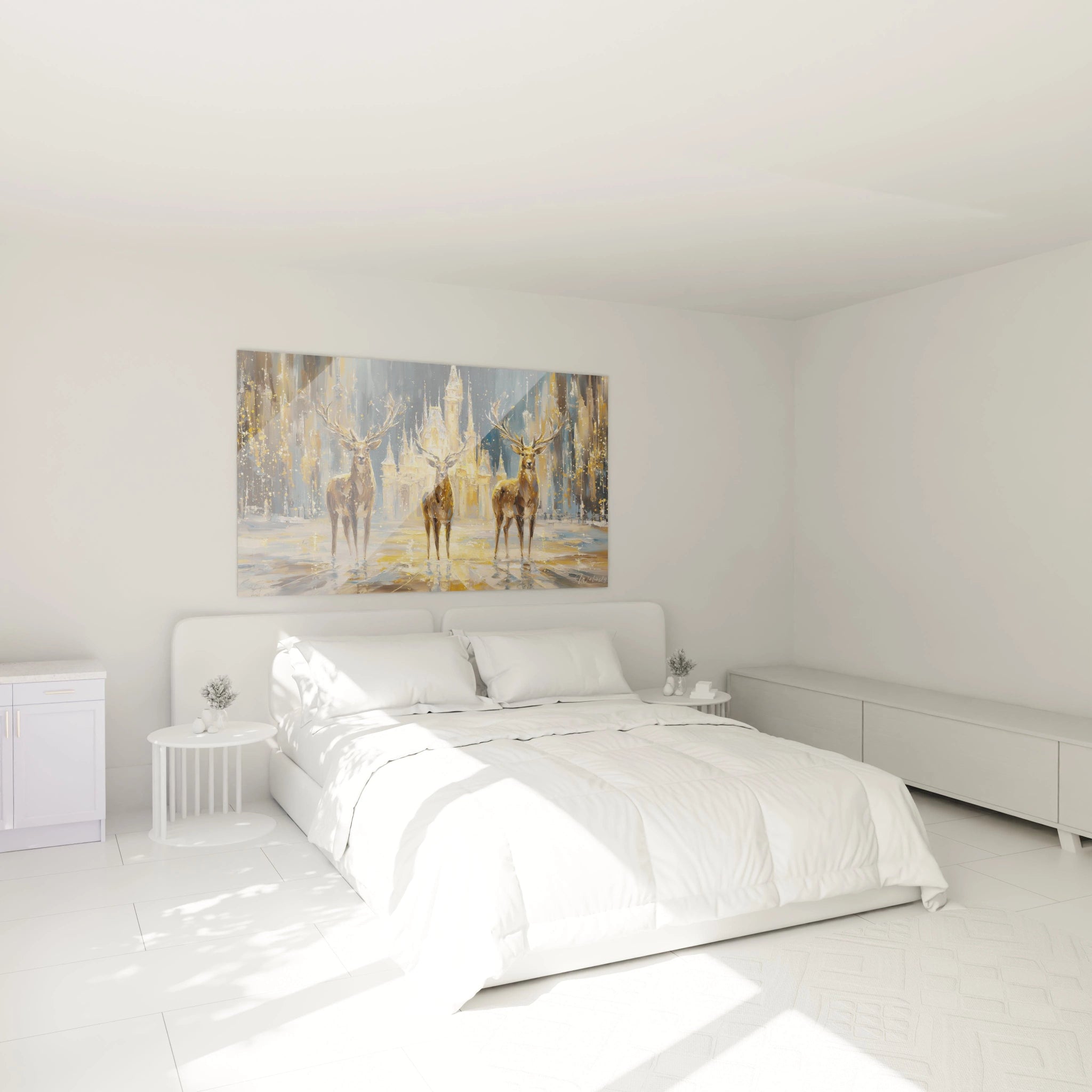 Tableau cerf Noël lumineux accroché au mur d'une chambre moderne, créant une ambiance festive