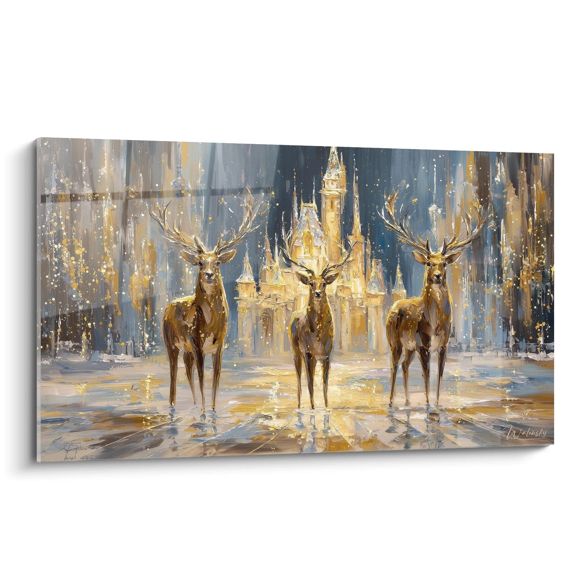 Tableau cerf Noël lumineux avec trois cerfs majestueux devant un château illuminé