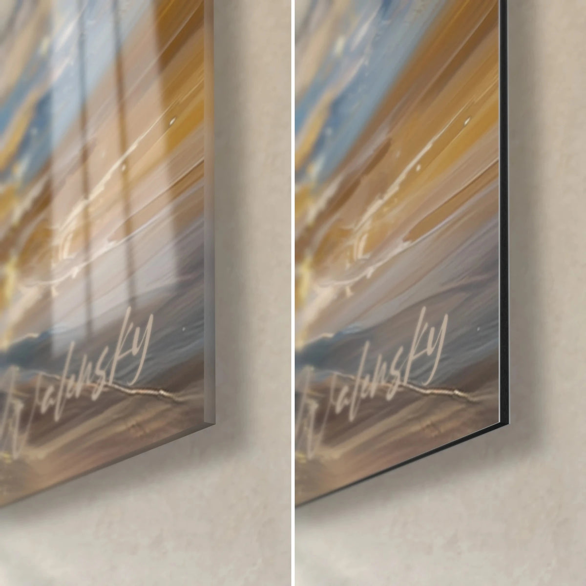 Wall art stags beneath golden snowflakes, bottom right corner: glossy acrylic glass with light reflections, matte grey aluminium Dibond, 3 mm edge