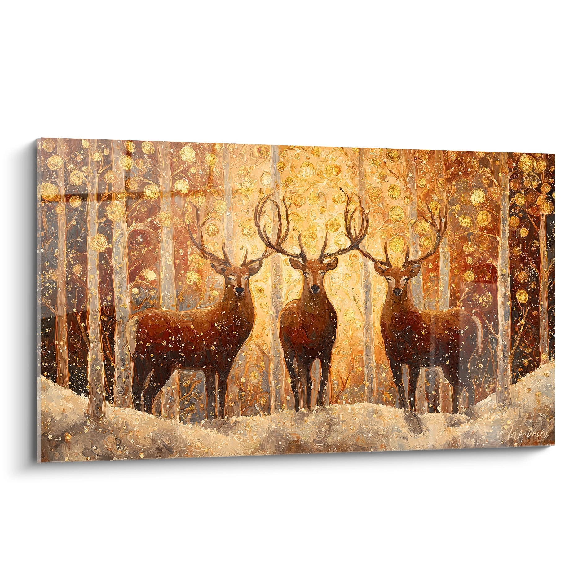 Tableau cerfs décoration murale représentant trois cerfs dans une forêt dorée en hiver