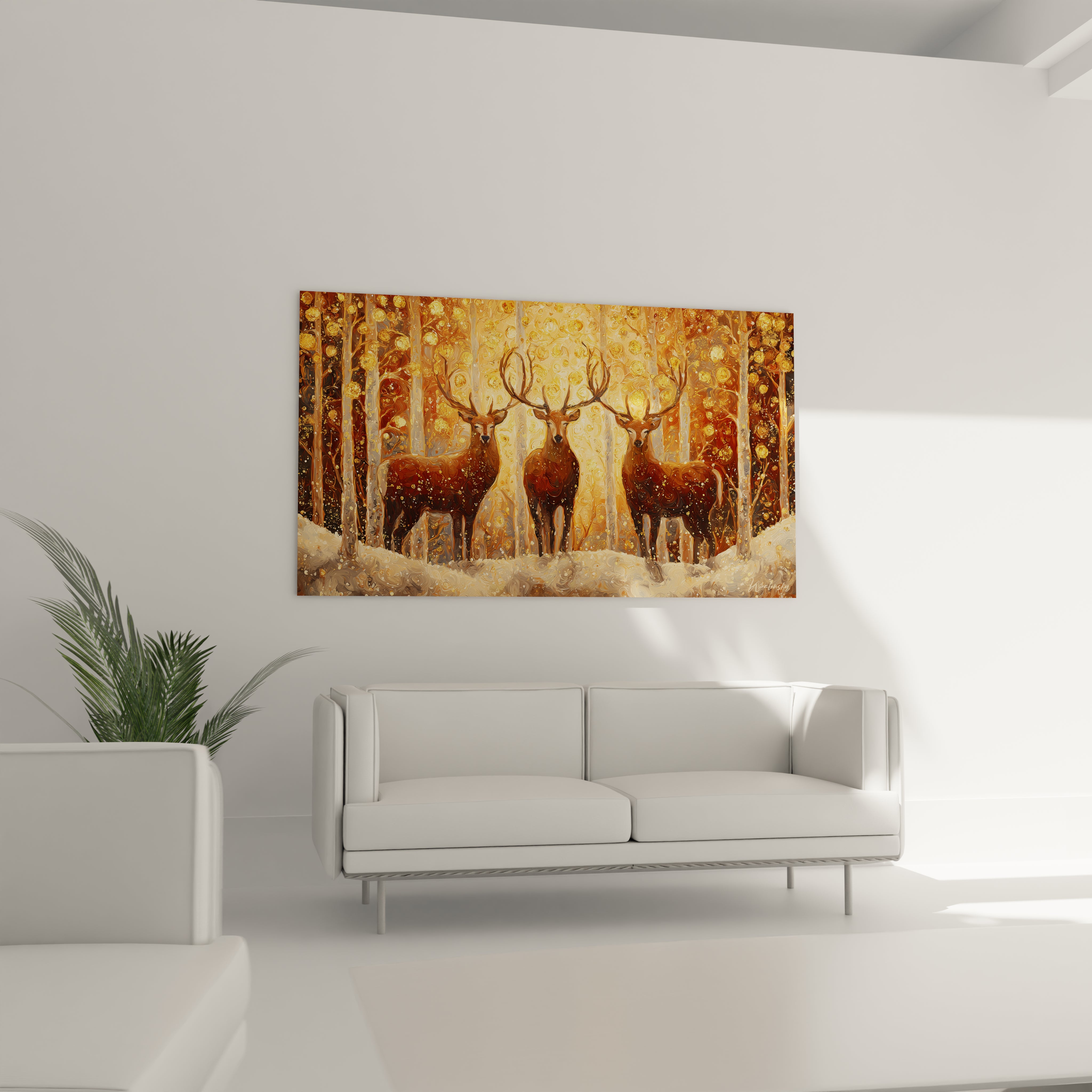 Tableau cerfs décoration murale représentant deux cerfs dans une forêt enneigée avec des couleurs vibrantes
