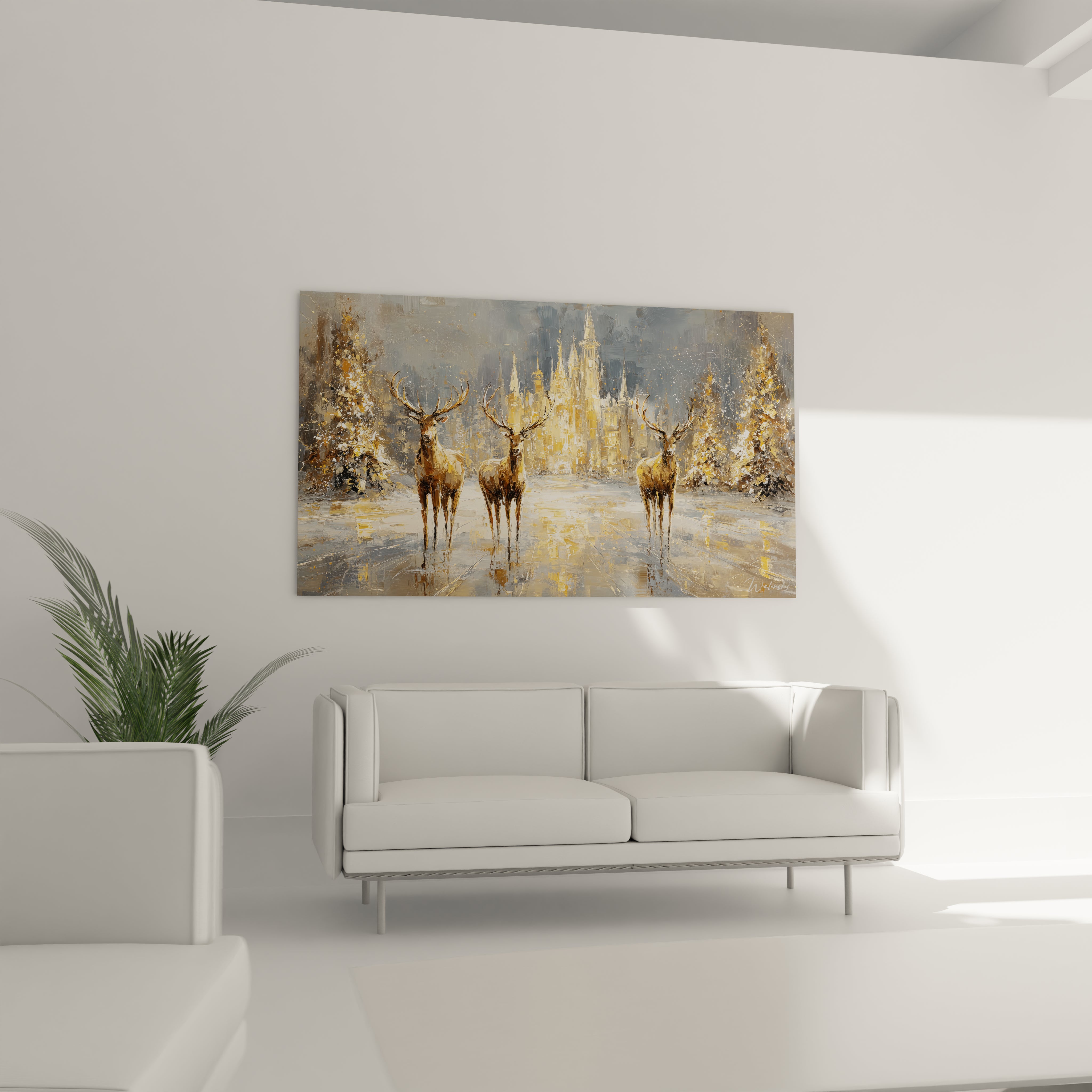 Tableau cerfs décoration Noël avec paysages enneigés et arbres dorés, parfait pour embellir votre intérieur