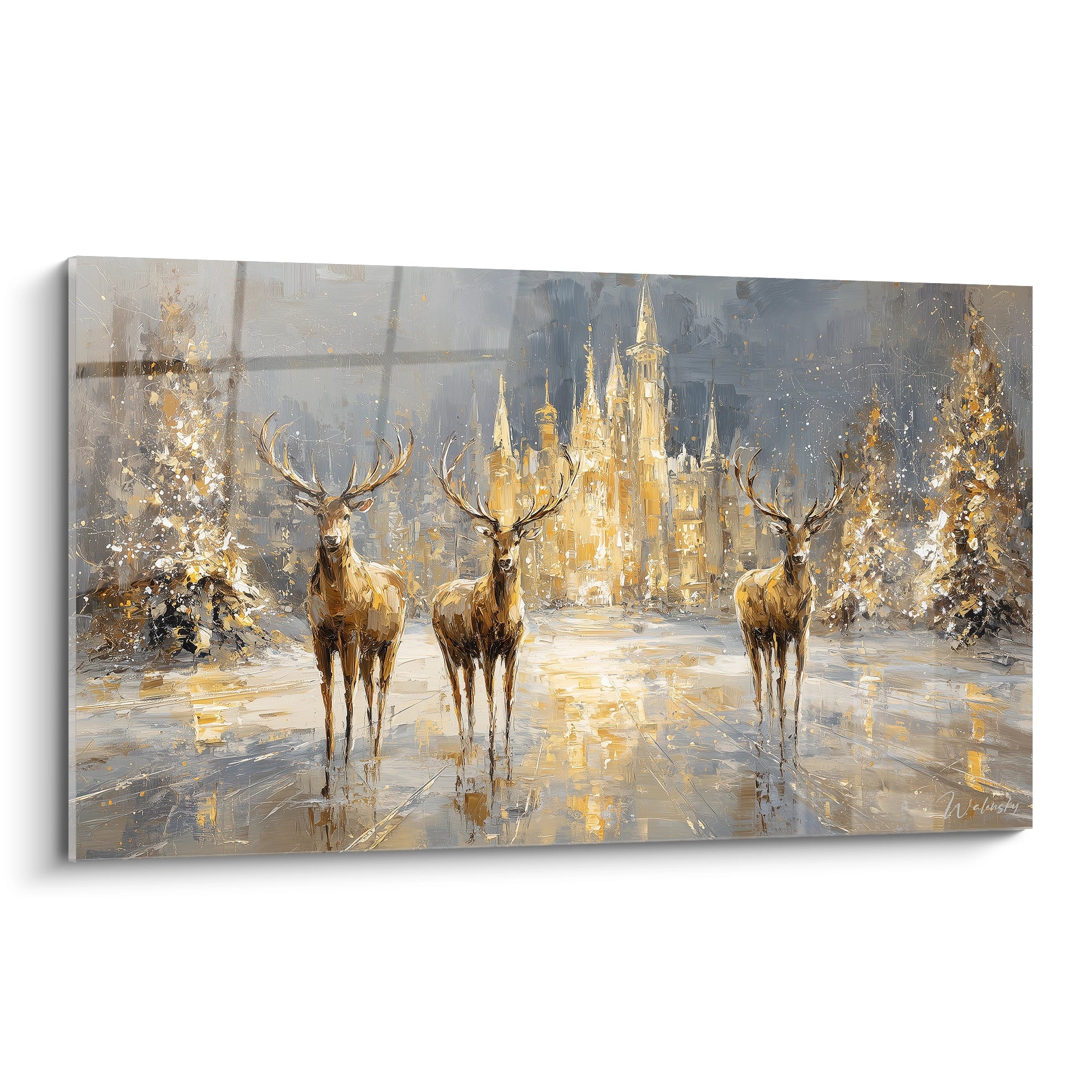 Tableau cerfs décoration Noël de Walensky avec un paysage hivernal illuminé