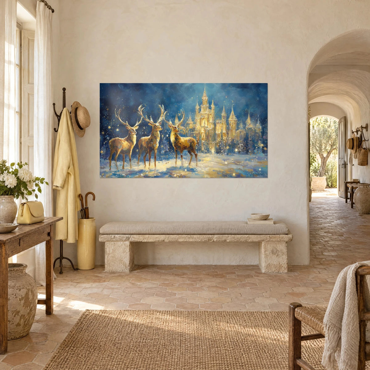 Wall art fairytale castle with golden turrets under falling snowflakes, deer with upright antlers, deep blue, beside a stone bench