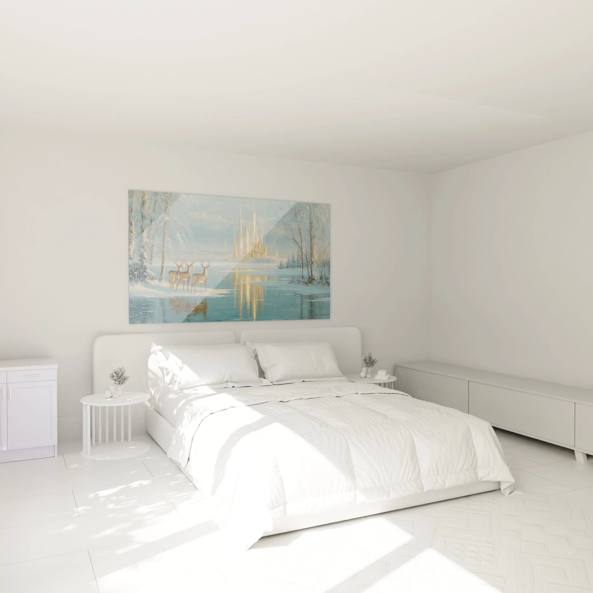 Tableau mural cerfs édition Noël dans une chambre moderne avec décor épuré