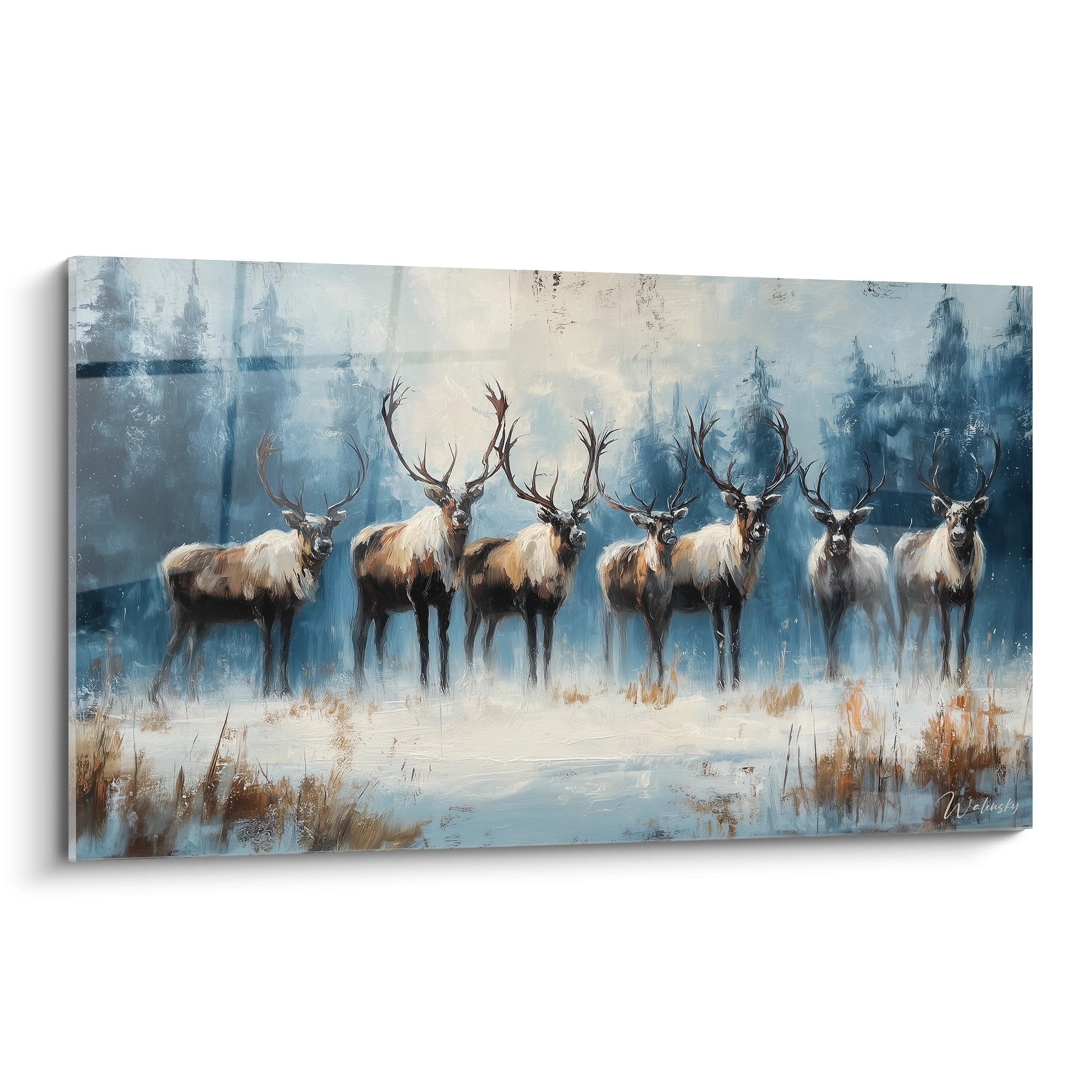 Tableau mural cerfs magique Noël avec une scène hivernale et des cerfs majestueux dans une forêt enneigée
