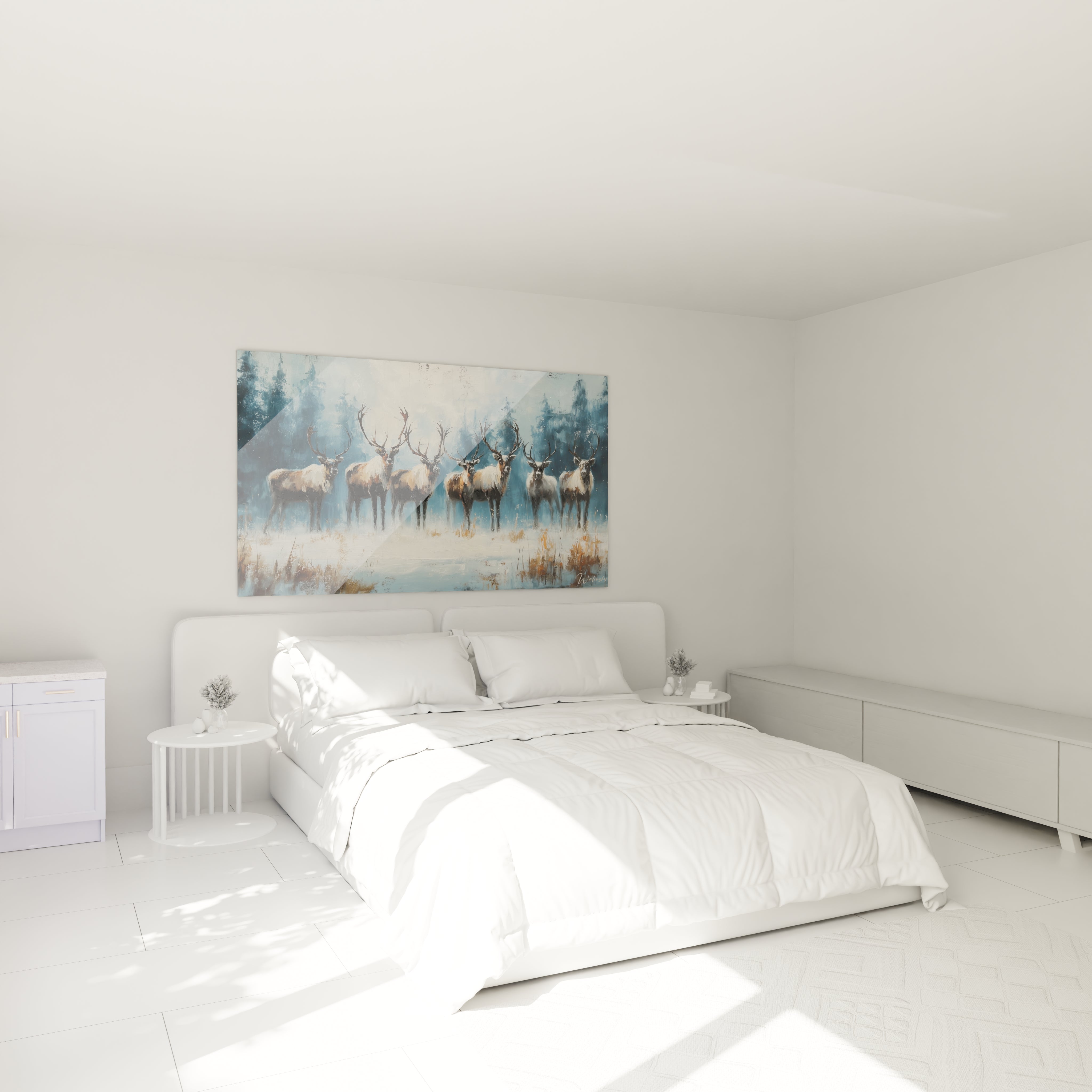 Tableau cerfs magique Noël sur le mur d'une chambre moderne avec lit et décor épuré