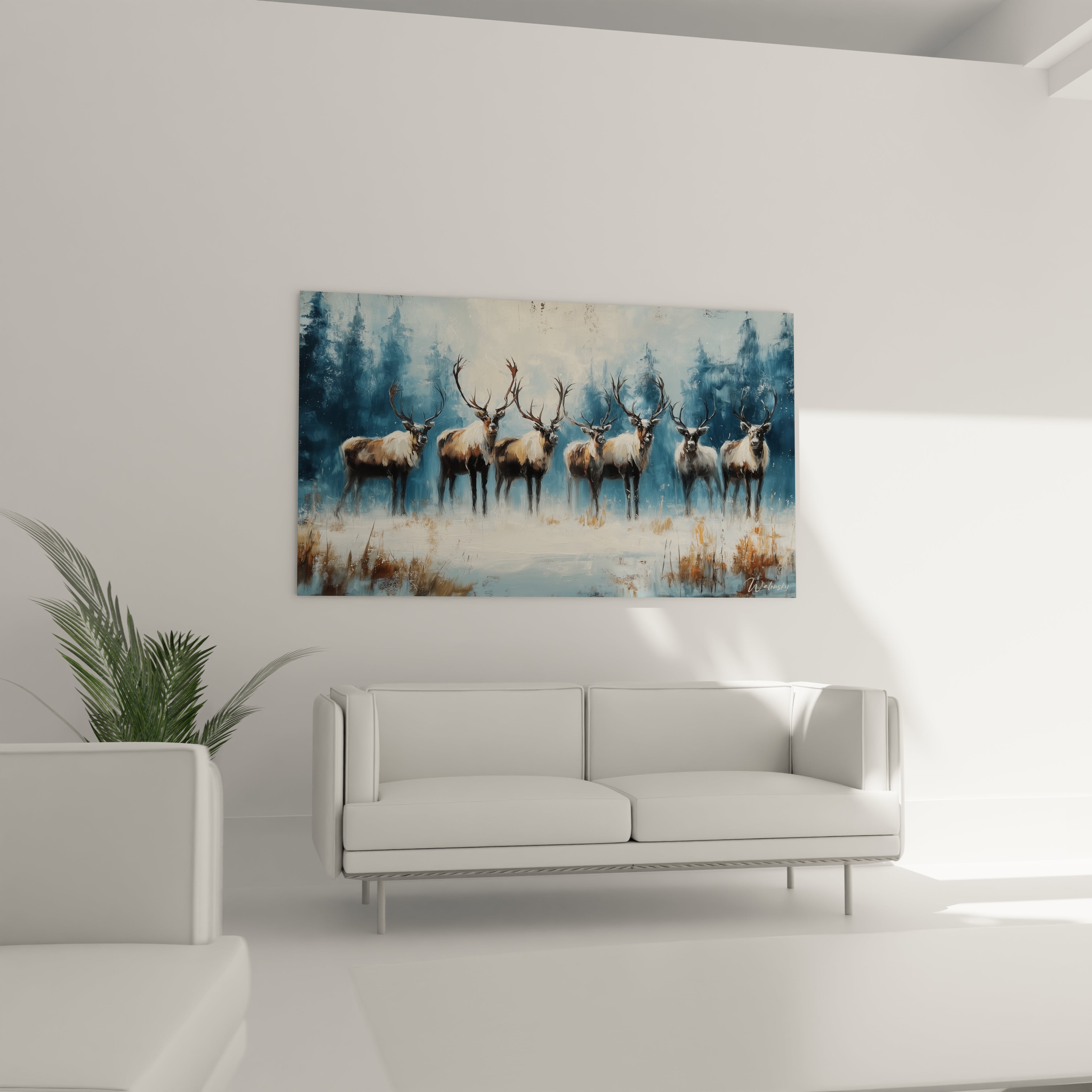 Tableau mural cerfs magique Noël de Walensky avec un paysage enneigé et des cerfs majestueux