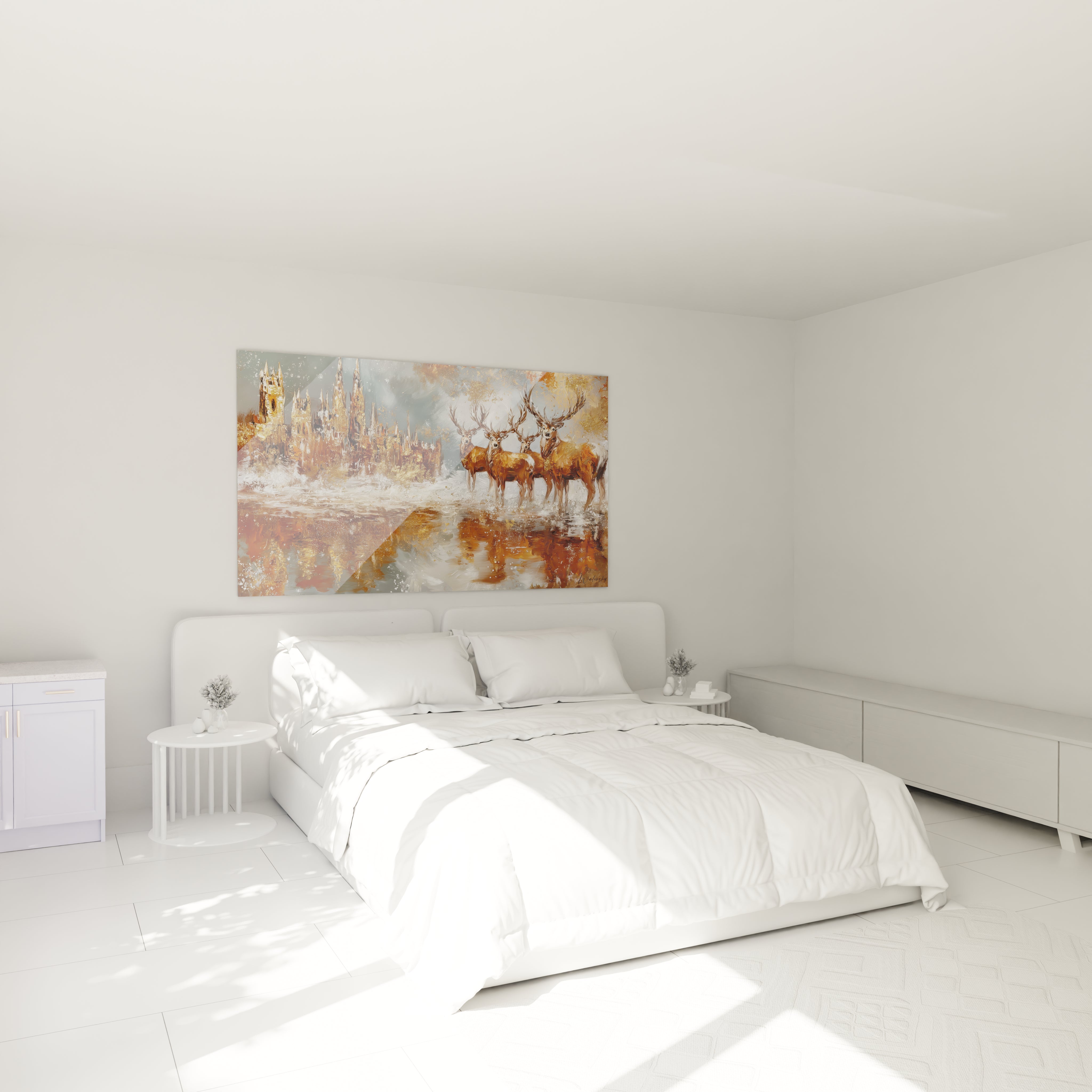 Tableau mural cerfs noble édition Noël décorant une chambre moderne avec éclairage doux