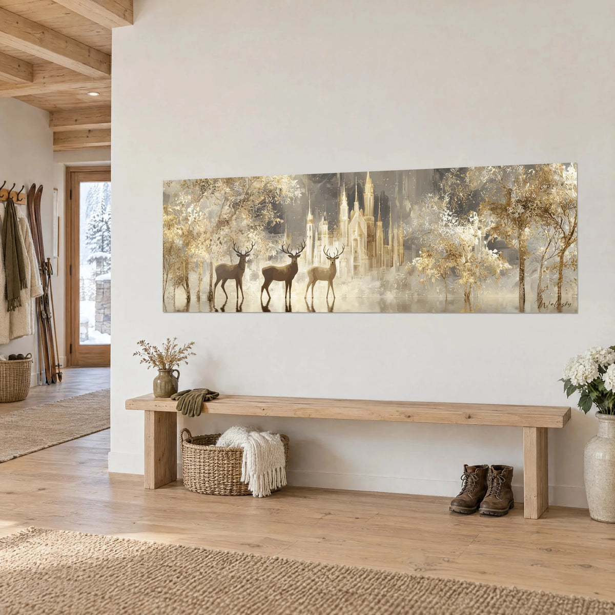 Tableau forêt féerique aux feuillages dorés et blancs, tours effilées d'un palais ivoire, sur un mur de chalet