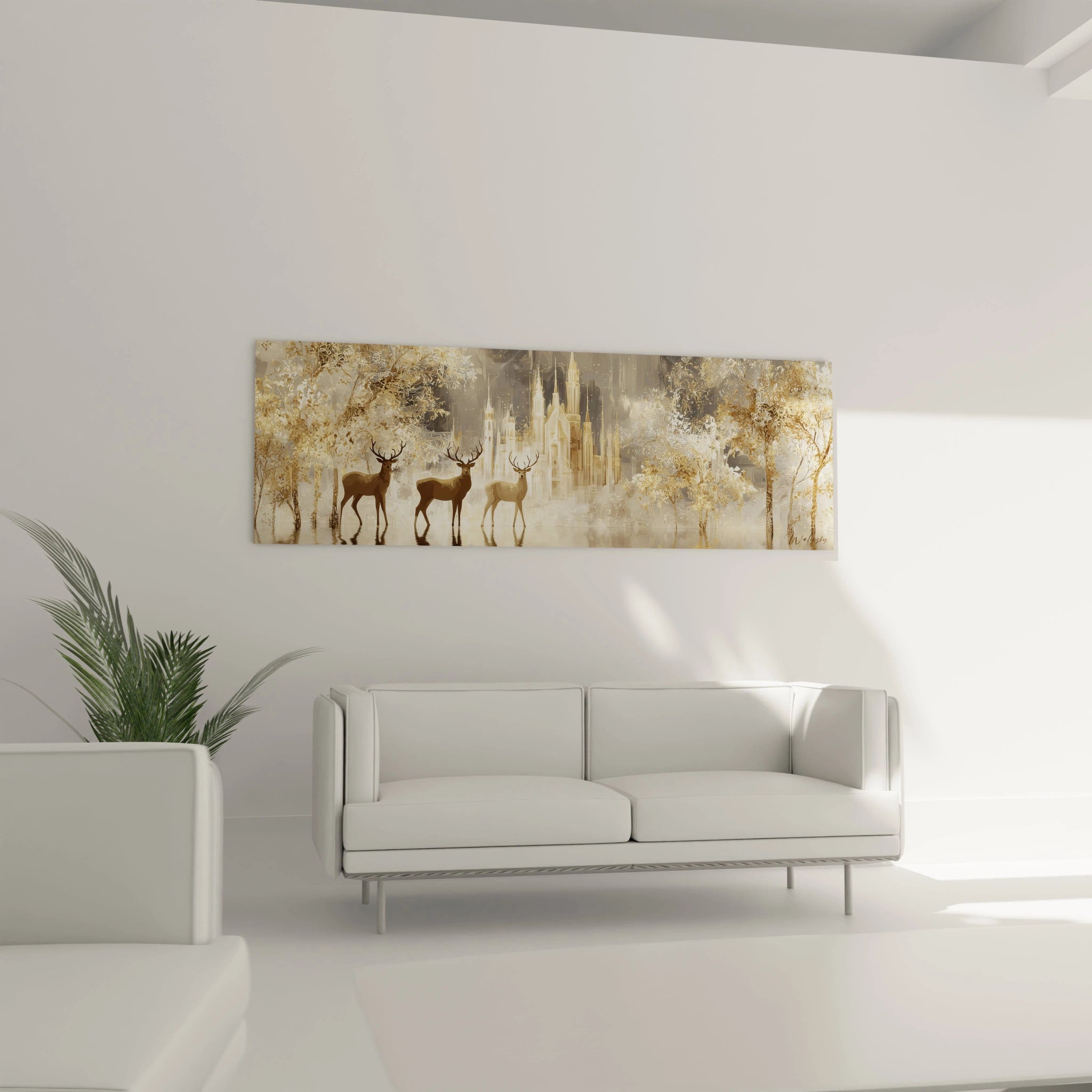 Tableau cerfs décoration Noël avec un paysage hivernal et des arbres dorés