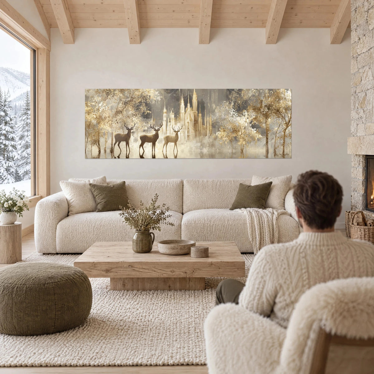 Tableau trois cerfs bruns devant un château de conte doré et gris, forêt givrée, au-dessus d'un canapé dans un salon lumineux