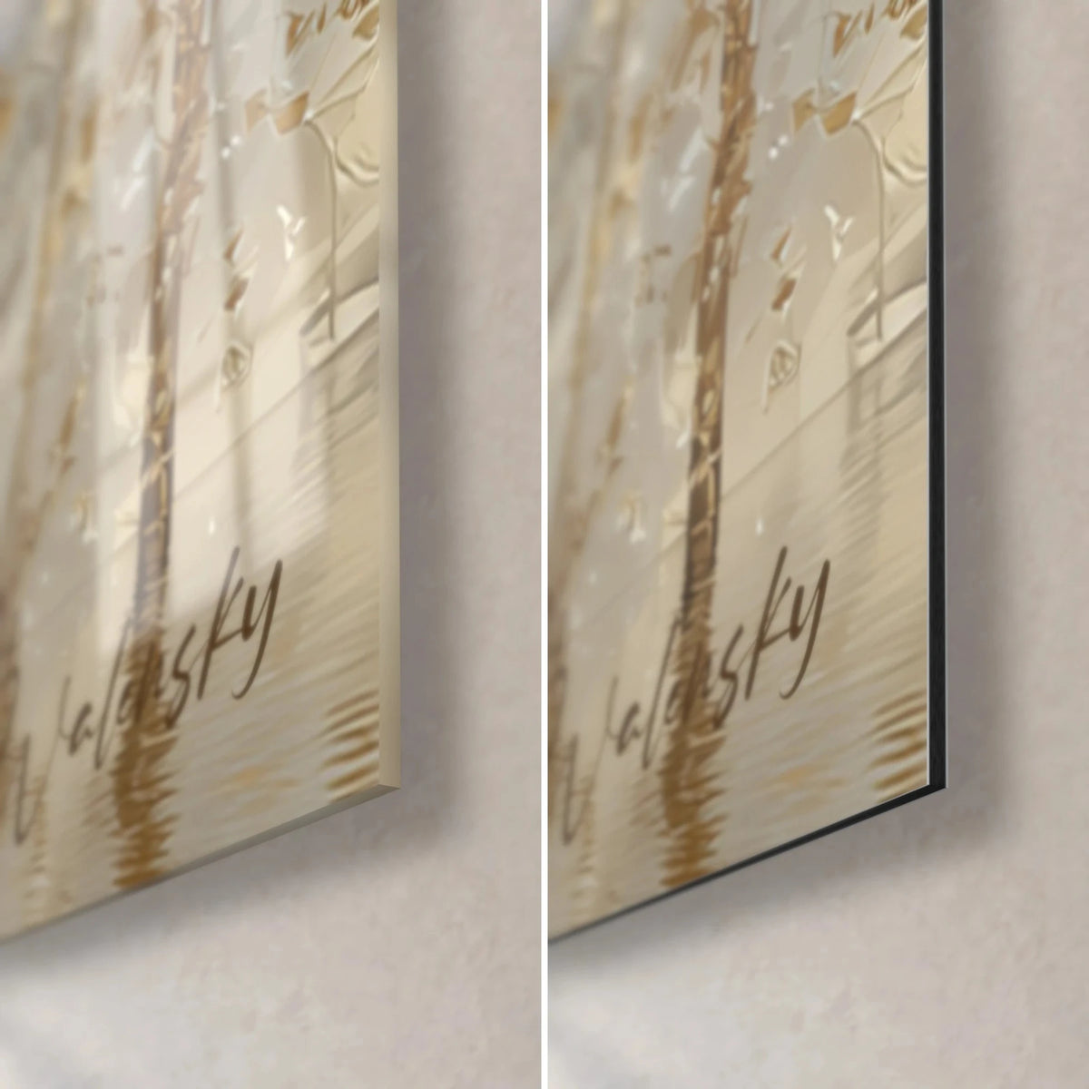 Tableau silhouettes de cerfs givrées, coin bas droit : verre acrylique brillant et reflets, alu Dibond mat noir, tranche de 3 mm