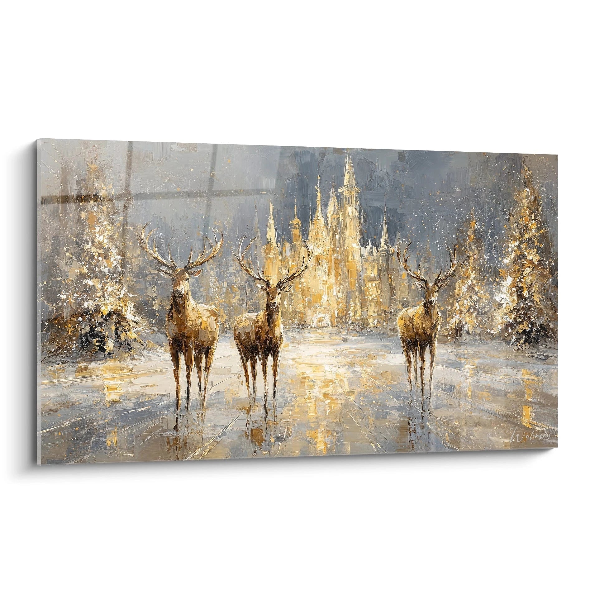 Tableau cerfs décoration Noël de Walensky avec un paysage hivernal illuminé