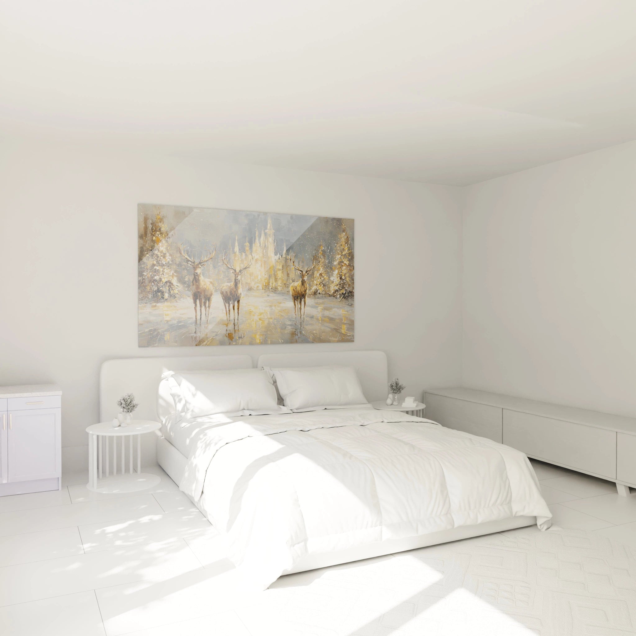 Tableau cerfs décoration Noël dans une chambre moderne avec lit blanc et décoration minimaliste