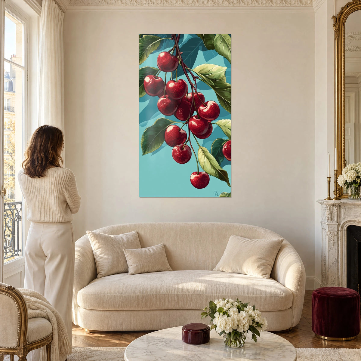 Quadro ciliegie rosso carminio su sfondo turchese, foglie verdi lucide, appeso sopra un divano in un soggiorno luminoso