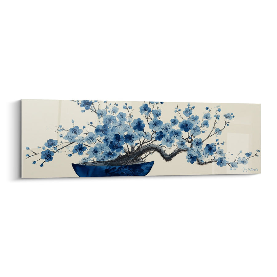 Schilderij Kersenbloemtak Blauw in Kobalt Vaas - Zen Bloei - Editie Ikebana